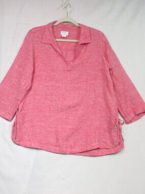 Sigrid Olsen Shirt Women Medium Pink Tunic Blouse Linen V Neck 3/4 Sleeve Beach